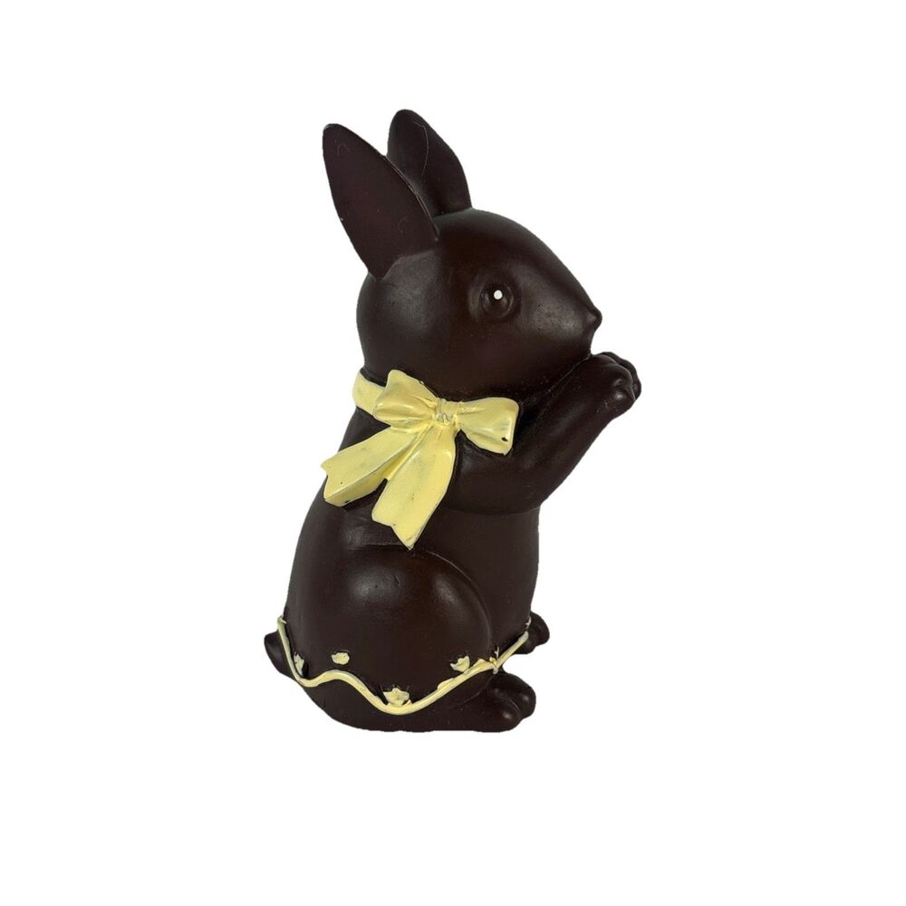 Faux Chocolate Bunny Rabbit Figurine Yellow Bow 3.75” Tall